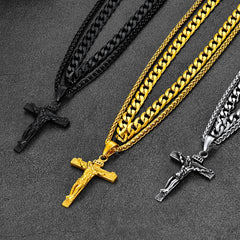 Halsketten-Set mit Jesus-Kruzifix und kubanischer Kette, mehrlagig, für Männer und Frauen