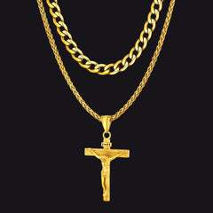 Halsketten-Set mit Jesus-Kruzifix und kubanischer Kette, mehrlagig, für Männer und Frauen