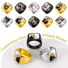 Anel de sinete com imagem quadrada personalizada para homens e mulheres