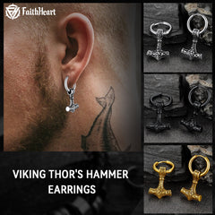 Brincos de argola pendentes Viking Rune Viking Thors Hammer Mjolnir para homens