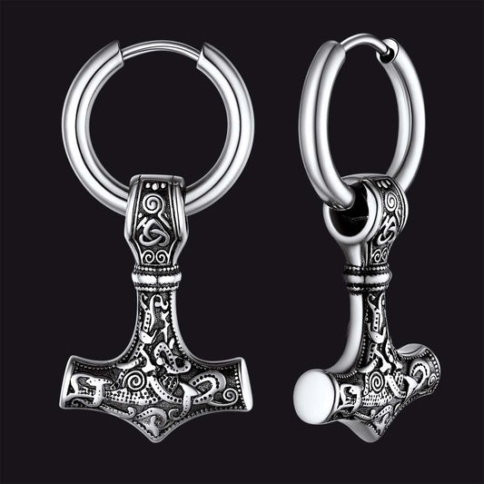 Brincos de argola pendentes Viking Rune Viking Thors Hammer Mjolnir para homens
