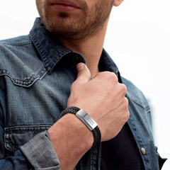 Engraved Custom Double Black Braided Leather Cuff Son Bracelet