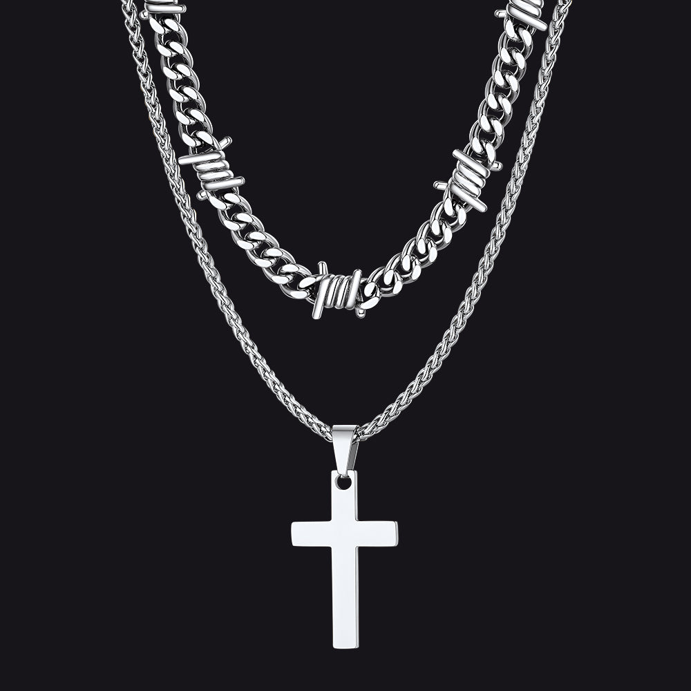Barbed Wire Cuban Chain & Cross Layered Necklaces Set for Men Women