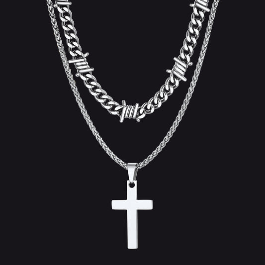 Barbed Wire Cuban Chain & Cross Layered Necklaces Set for Men Women