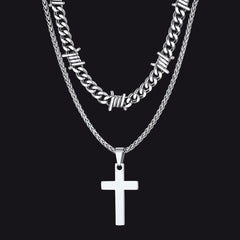 Barbed Wire Cuban Chain & Cross Layered Necklaces Set for Men Women