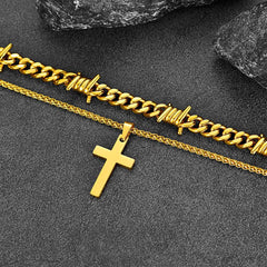 Barbed Wire Cuban Chain & Cross Layered Necklaces Set for Men Women