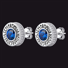 Sterling Silver Viking Runes Gemstone Stud Earrings for Men