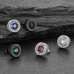 Sterling Silver Viking Runes Gemstone Stud Earrings for Men