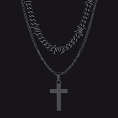Barbed Wire Cuban Chain & Cross Layered Necklaces Set for Men Women