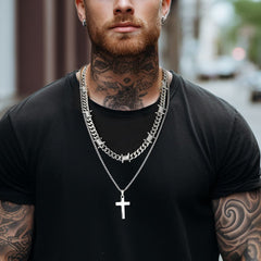 Barbed Wire Cuban Chain & Cross Layered Necklaces Set for Men Women