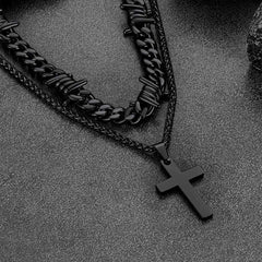 Barbed Wire Cuban Chain & Cross Layered Necklaces Set for Men Women