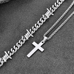 Barbed Wire Cuban Chain & Cross Layered Necklaces Set for Men Women