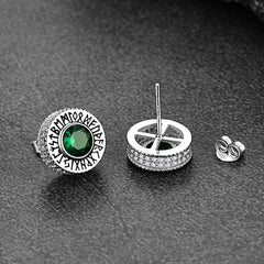 Sterling Silver Viking Runes Gemstone Stud Earrings for Men