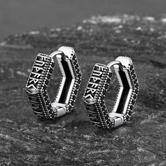 Viking Runes Hexagon Huggie Hoop Earrings for Men