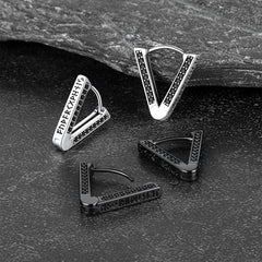 Brincos de argola triangulares Viking Rune de prata esterlina com zircônia preta para homens