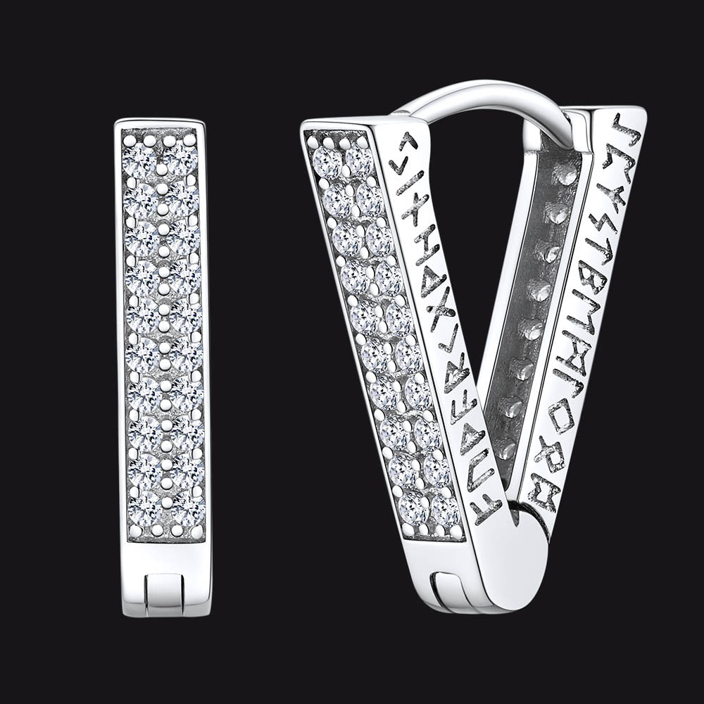 Brincos de argola triangulares com zircônia cúbica e runas vikings para homens