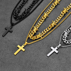 Barbed Wire Cuban Chain & Cross Layered Necklaces Set for Men Women