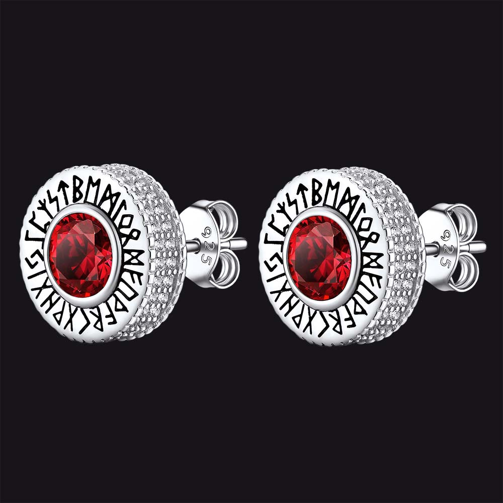 Sterling Silver Viking Runes Gemstone Stud Earrings for Men