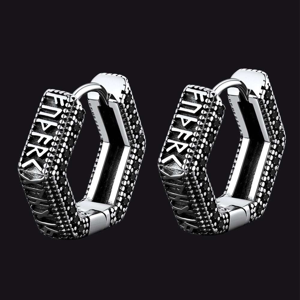 Viking Runes Hexagon Huggie Hoop Earrings for Men