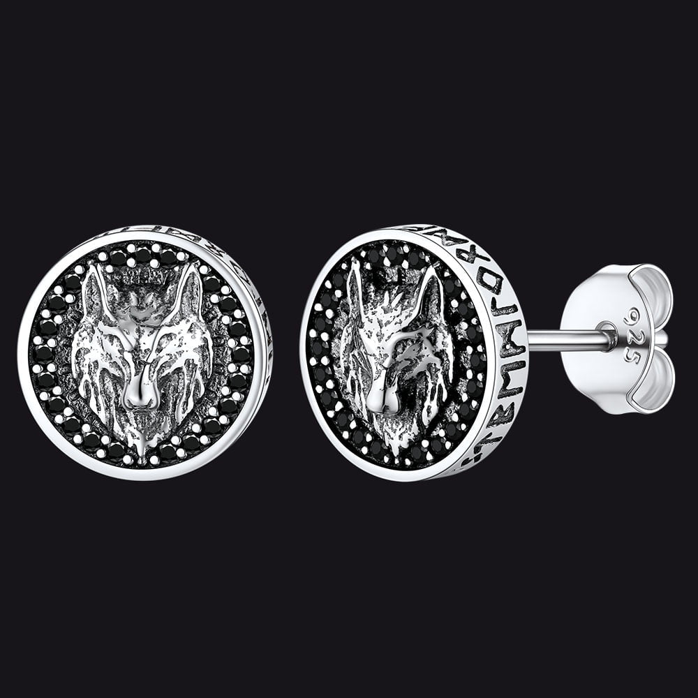 Sterling Silver Viking Wolf Head Stud Earrings For Men