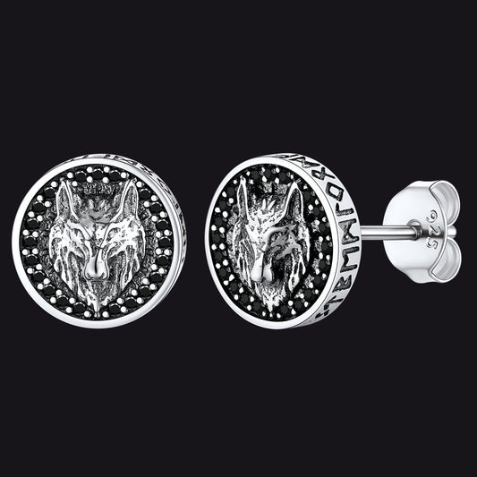Brincos de pino com cabeça de lobo viking em prata esterlina com runa viking para homens
