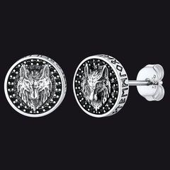 Sterling Silver Viking Wolf Head Stud Earrings For Men