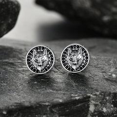 Sterling Silver Viking Wolf Head Stud Earrings For Men