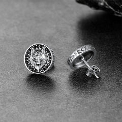 Sterling Silver Viking Wolf Head Stud Earrings For Men