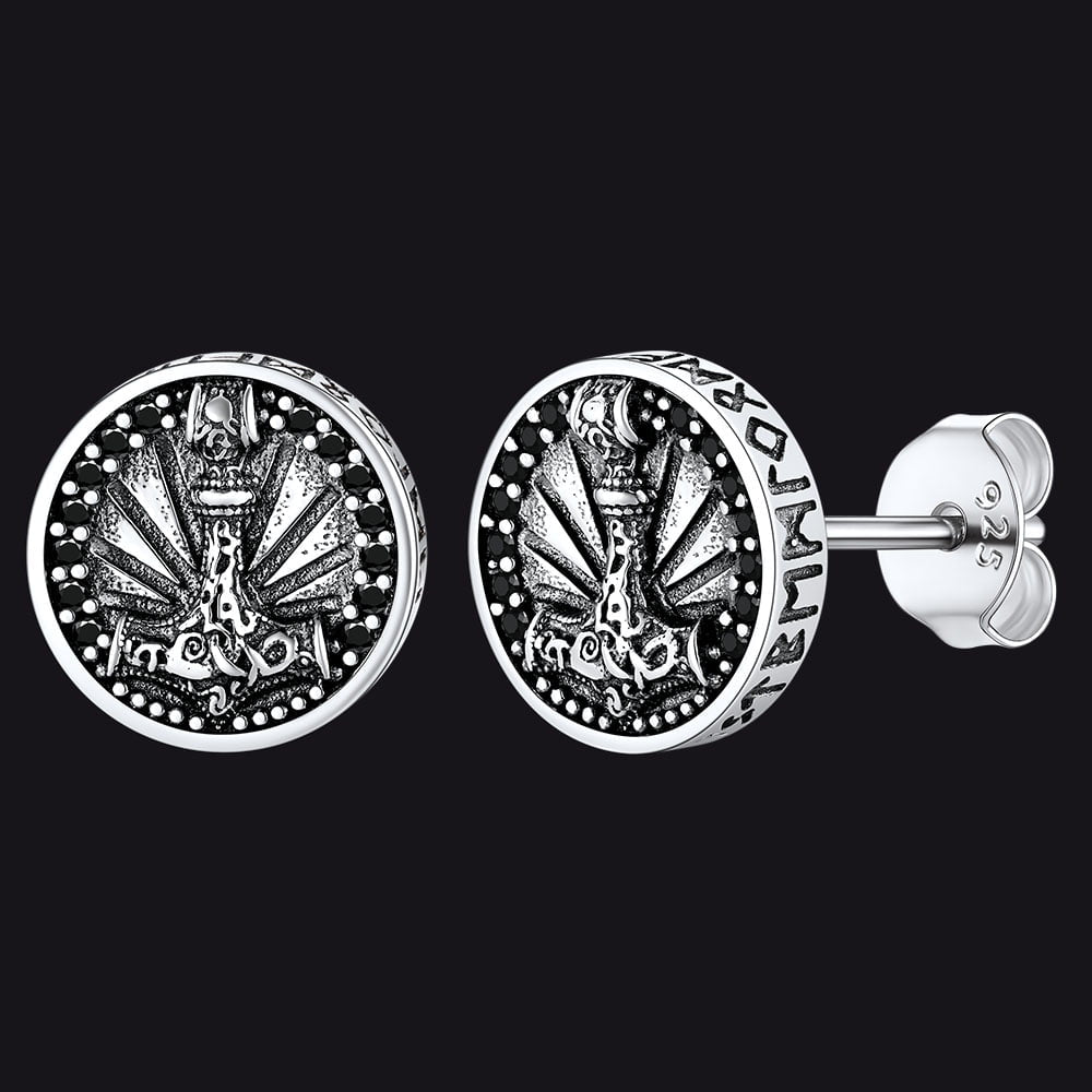 Brincos de pino Viking Rune de prata esterlina Viking Thors Hammer com runas em