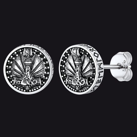 Brincos de pino Viking Rune de prata esterlina Viking Thors Hammer com runas em