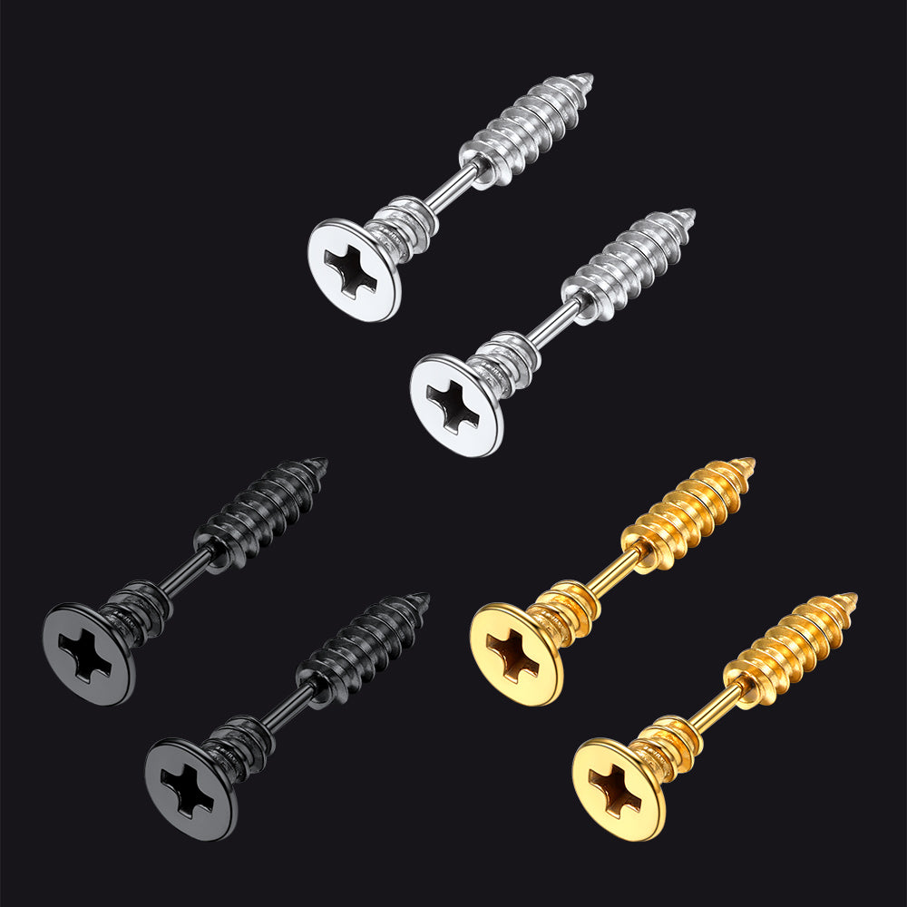 Screw Back Stud Earrings Set 3 Pairs For Men