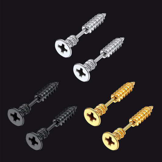 Screw Back Stud Earrings Set 3 Pairs For Men