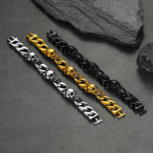 Pulseira de corrente cubana com caveira gótica