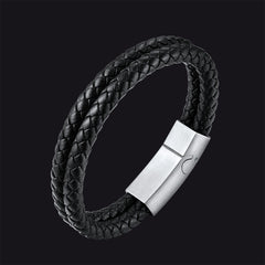 Engraved Custom Double Black Braided Leather Cuff Son Bracelet