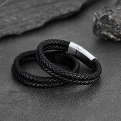 Engraved Custom Double Black Braided Leather Cuff Son Bracelet
