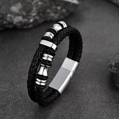 Pulseira de presente com punho de couro trançado preto gravado