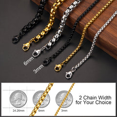 Hohle Rolo-Box-Gliederkette für Herren, 3/6 mm Breite