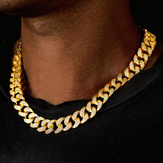 Colar de corrente cubana com elos de ouro 18K com gelo de 14 mm