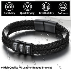 Pulseira de couro trançado com nome personalizado e contas personalizadas