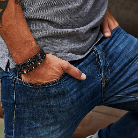 Freimaurer-Kompass, geflochtenes schwarzes Lederarmband für Vater und Ehemann