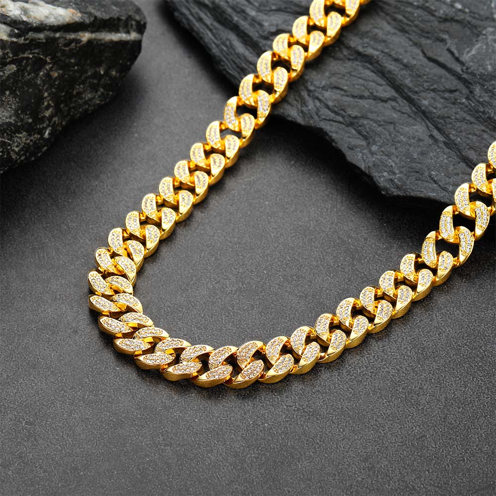 14MM Iced 18K Gold Cuban Link Chain Necklace for Men