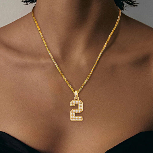 Gold Number Initial Chain Necklace with Cubic Zirconia for Men Women