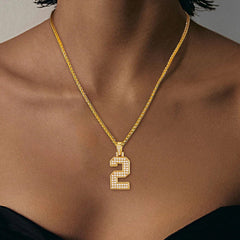 Gold Number Initial Chain Necklace with Cubic Zirconia for Men Women
