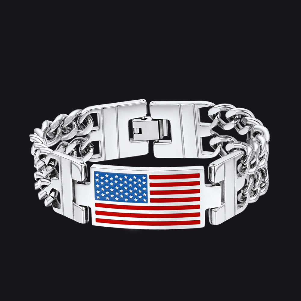Armband mit kubanischer Gliederkette mit amerikanischer Flagge und 8 mm Breite