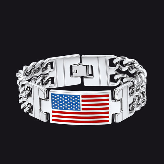 Armband mit kubanischer Gliederkette mit amerikanischer Flagge und 8 mm Breite