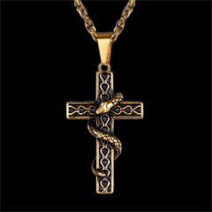 Colar Gótico Masculino com Cruz de Cobra em Aço Inoxidável