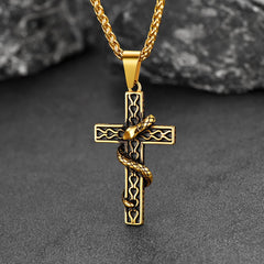 Colar Gótico Masculino com Cruz de Cobra em Aço Inoxidável