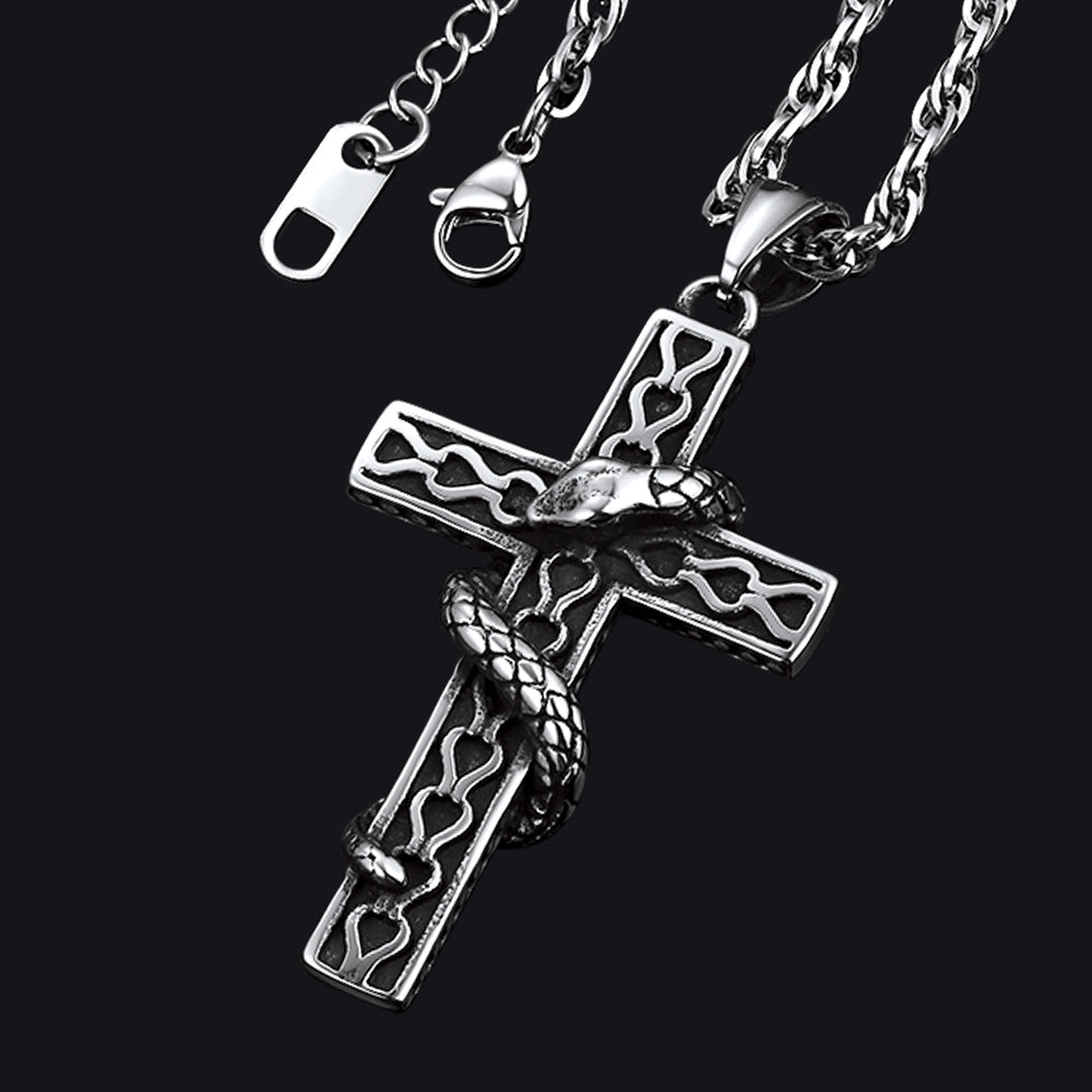 Colar Gótico Masculino com Cruz de Cobra em Aço Inoxidável