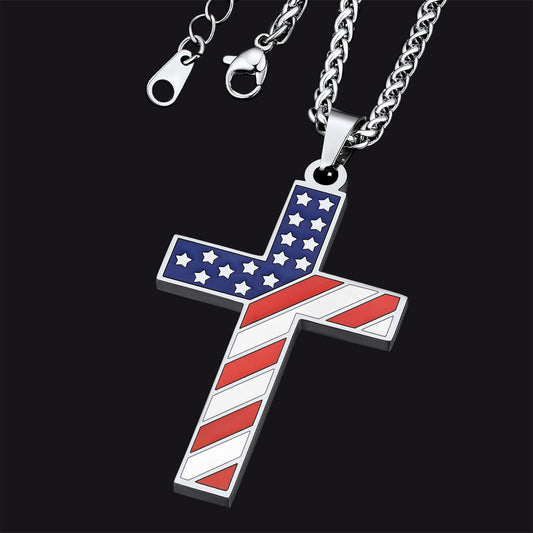 Colar com pingente de cruz e bandeira americana para homens e mulheres