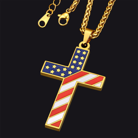 Colar com pingente de cruz e bandeira americana para homens e mulheres